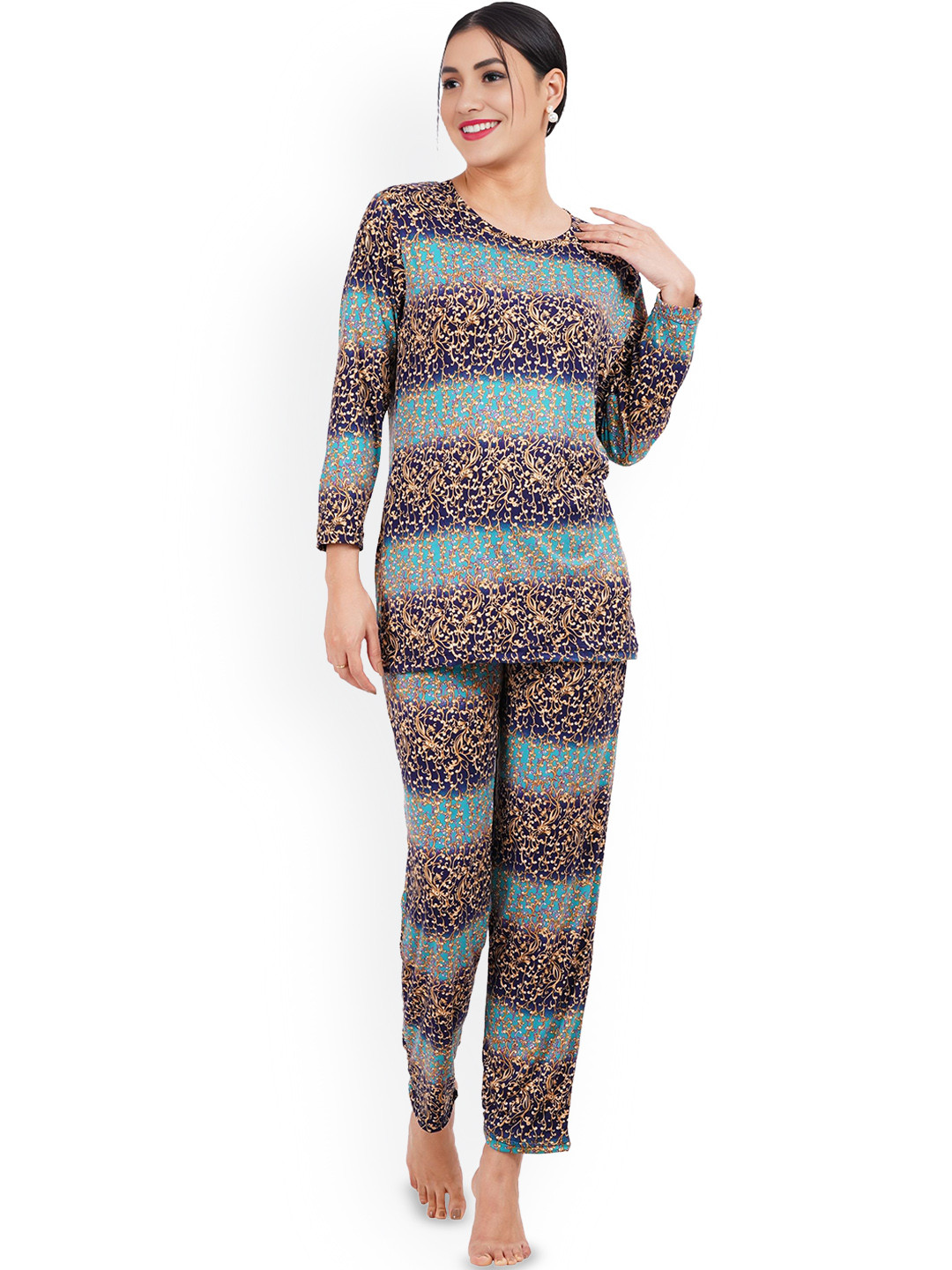 

Liigne Women Floral Printed Night suit, Navy blue