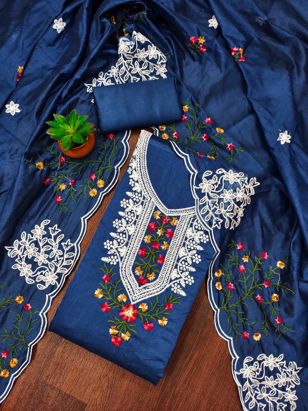 

Blissta Floral Embroidered Unstitched Dress Material, Navy blue