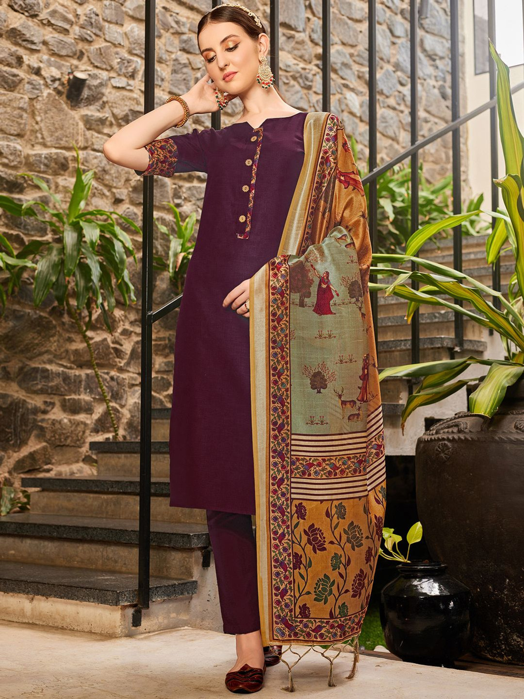 

DIVASTRI Floral Printed Straight Beads and Stones Kurta With Trousers And Dupatta, Purple