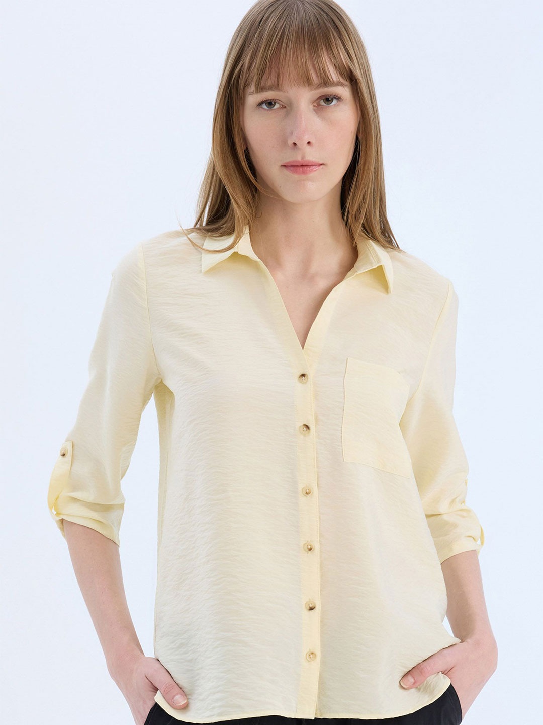 

DeFacto Women Spread Collar Solid Casual Shirt, Yellow