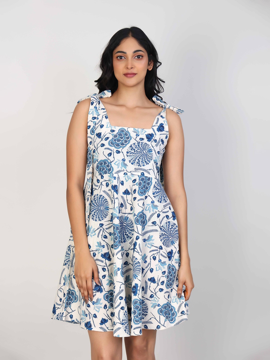 

Hassu's Women Floral Printed Cotton Fit & Flare Dress, White