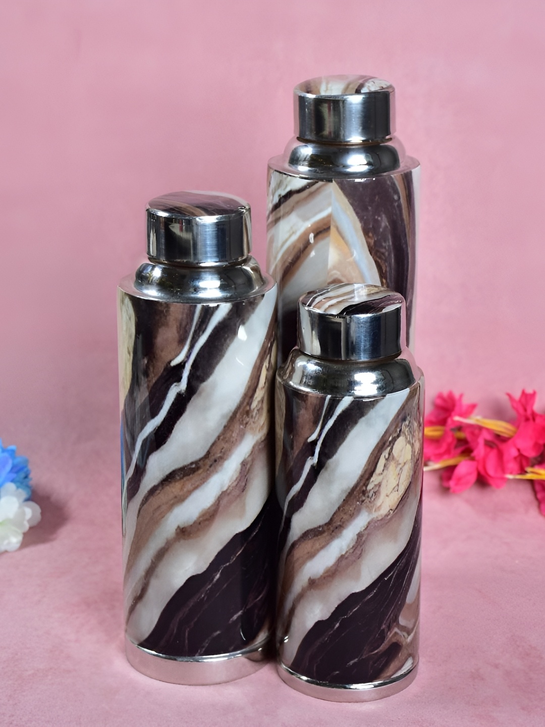 

THE HOME CO. Brown & White 3 Pieces Abstract Printed Stainless Steel Water Bottle