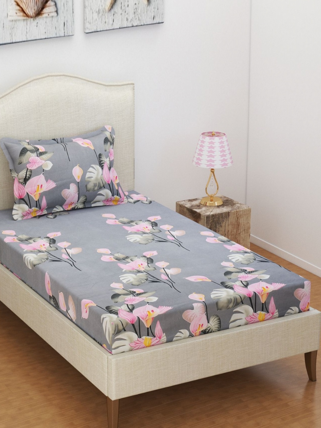 

bsb home Grey Floral 180 TC Single Bedsheet with 1 Pillow Covers