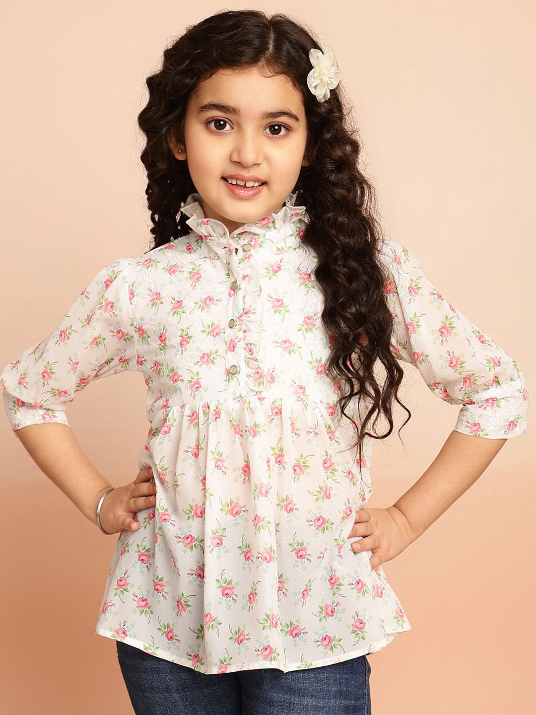 

Ishti Girls Floral Print Puff Sleeve Peplum Top, White
