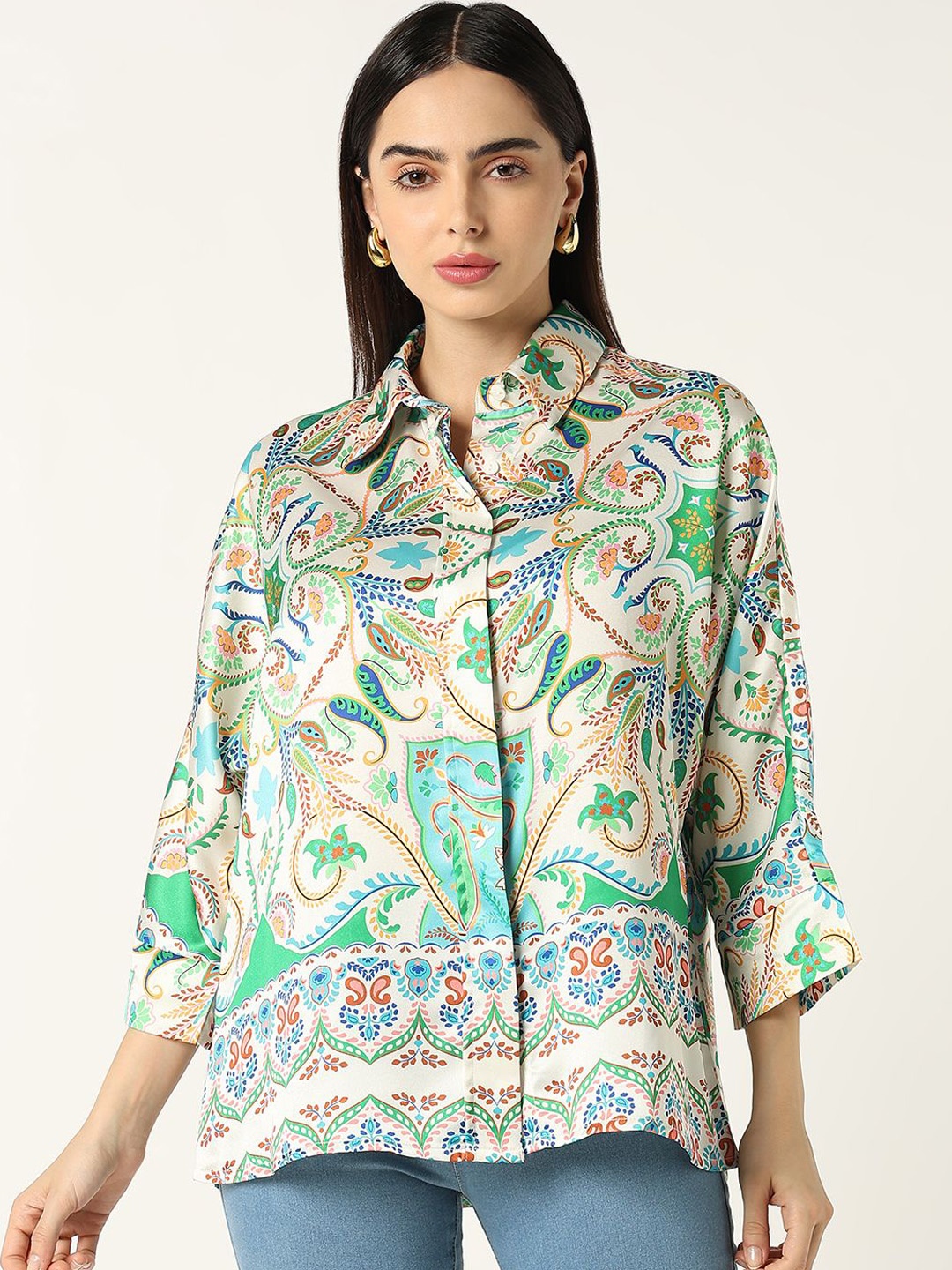 

R&B Ethnic Motifs Printed Shirt Collar Shirt And Palazzos, Cream