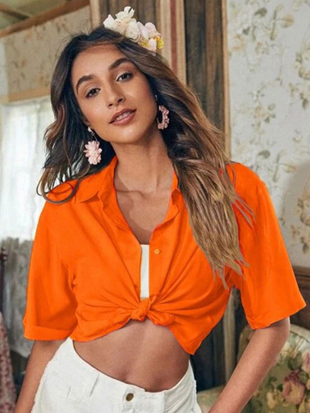 

KASHIAN Women Boxy Fit Spread Collar Solid Cotton Casual Shirt, Orange