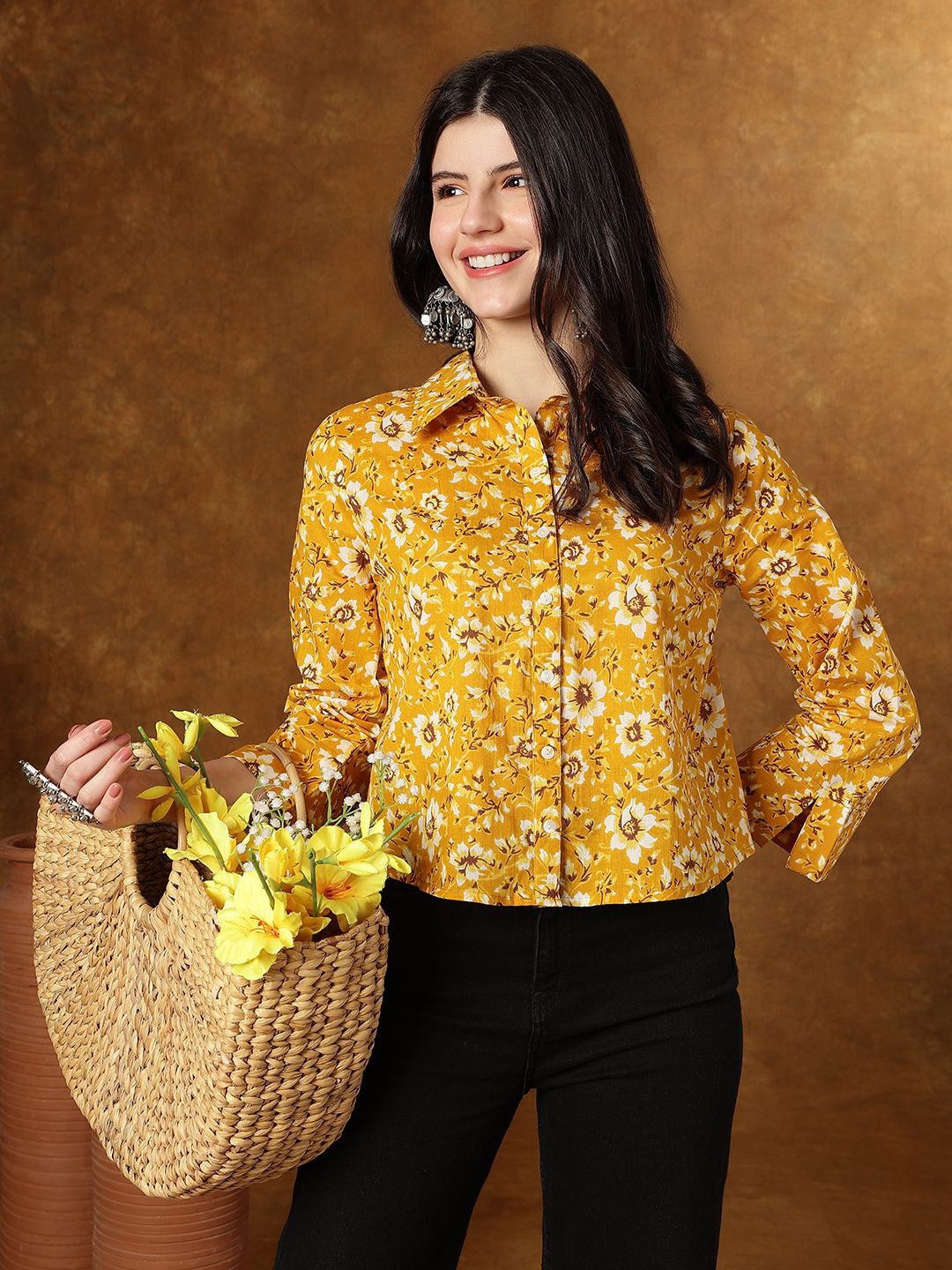 

KALINI Floral Print Cotton Shirt Style Crop Top, Mustard