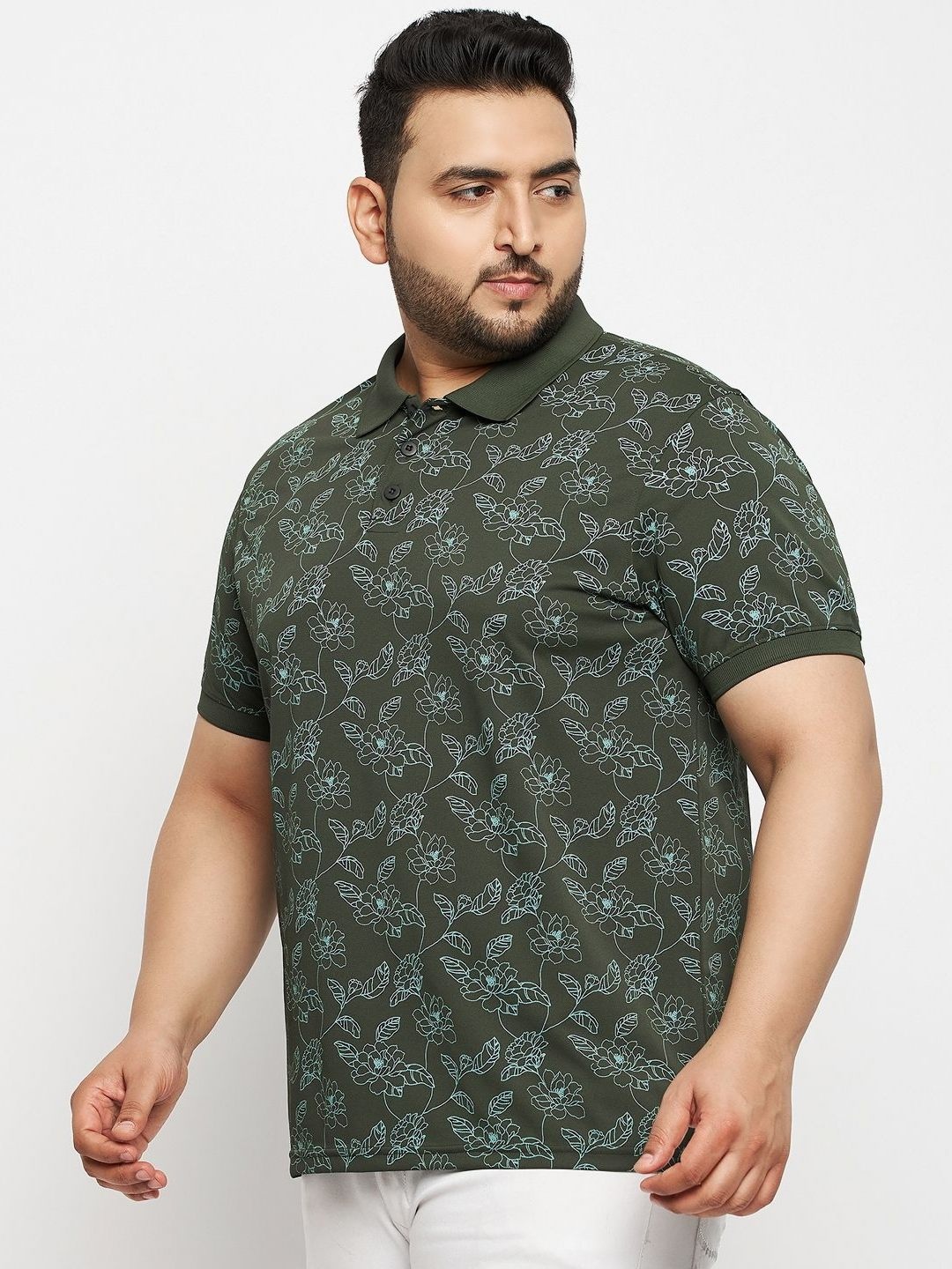 

AUXAMIS Men Plus Size Floral Printed Polo Collar Cotton T-shirt, Olive