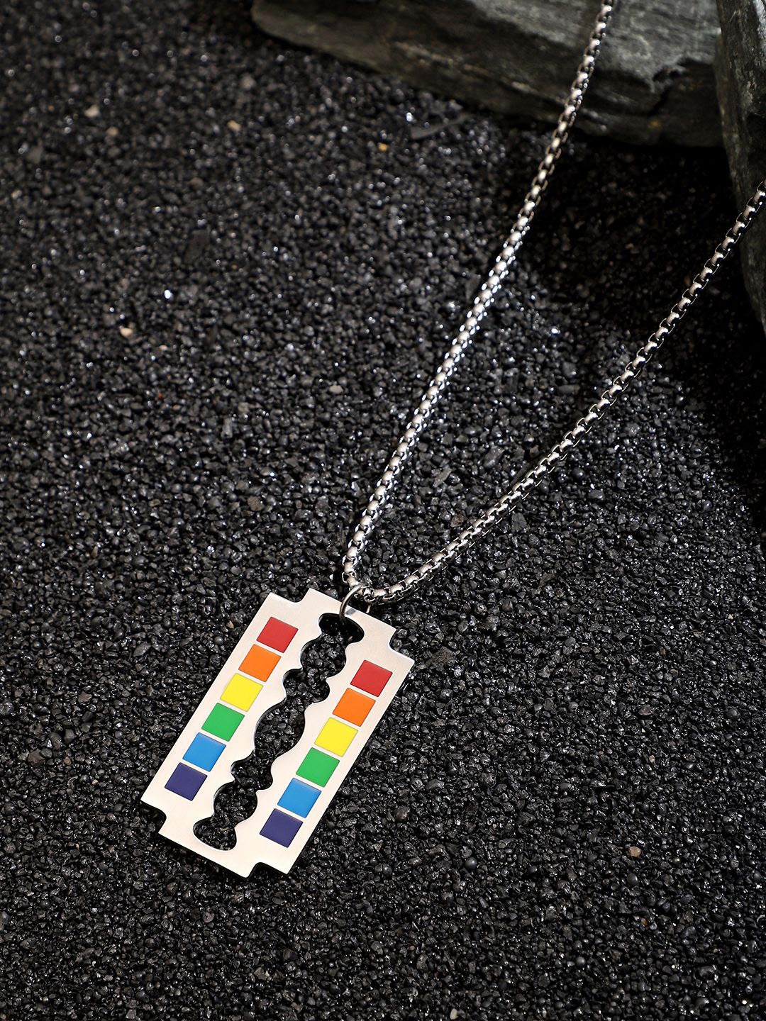 

French Accent Prism Edge Metallic Silver-Plated Contemporary Pendants With Chains