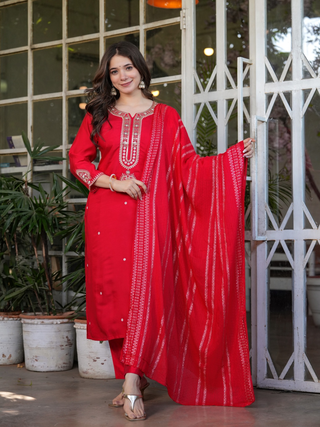 

Moda Rapido Floral Embroidered Notch Neck Sequinned Kurta With Trousers And Dupatta, Red