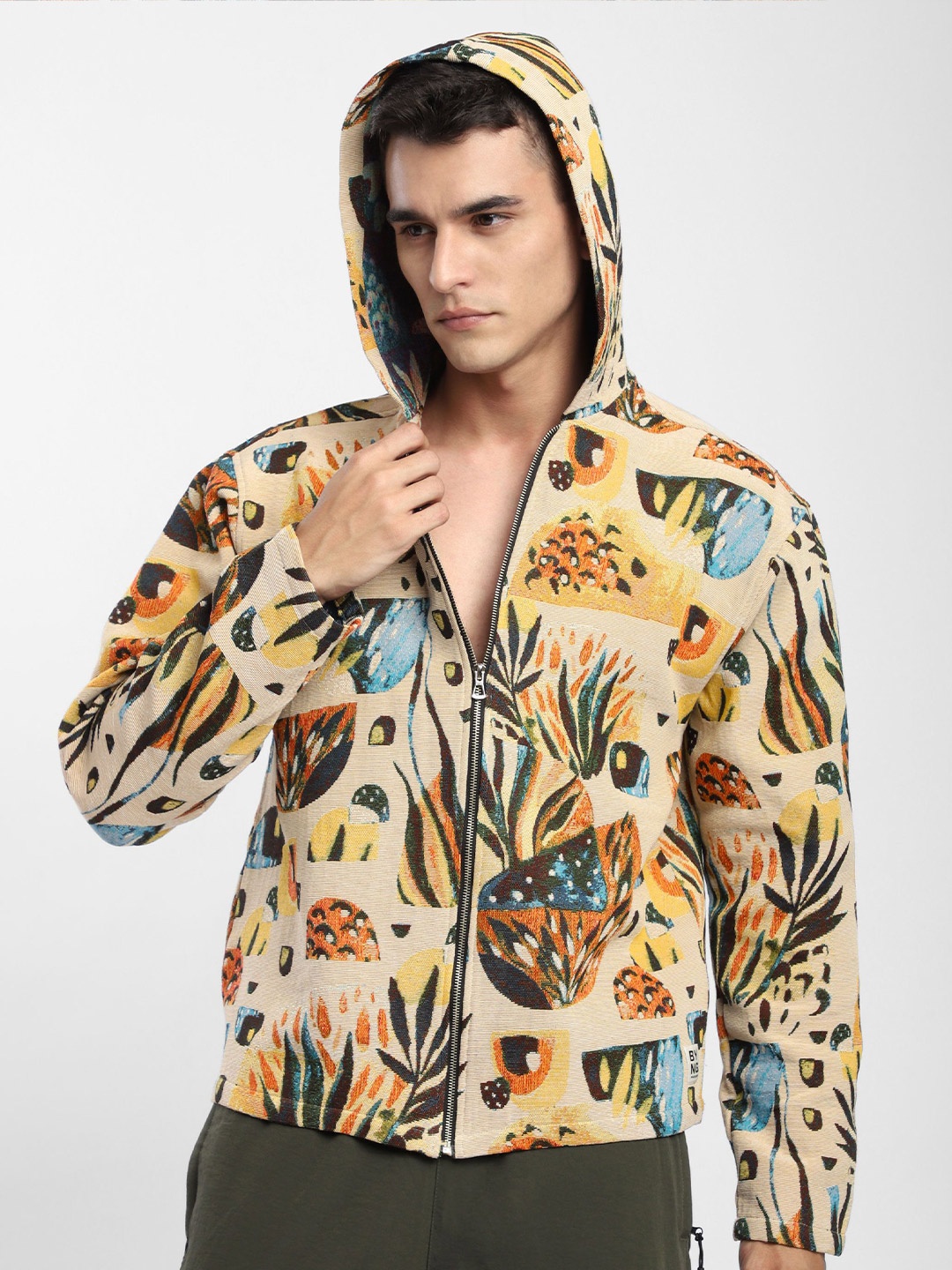 

Beyoung Men Beige Tropical Print Hoodie Shacket Sweatshirt