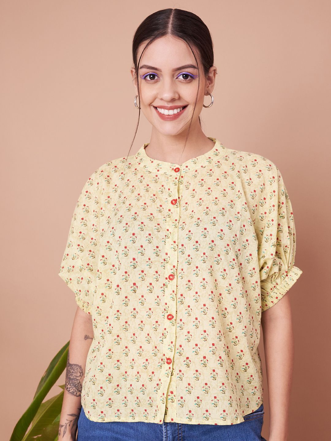 

JAPER KURTI Women Floral Printed Mandarin Collar Cotton Shirt Style Top, Yellow