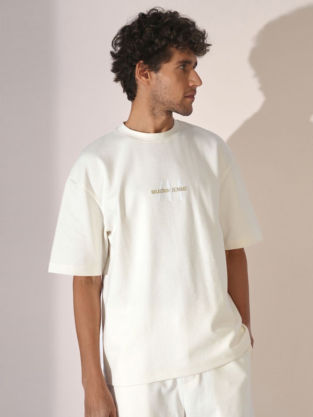 

SELECTED Men Typography Printed Round Neck Cotton T-shirt, Off white