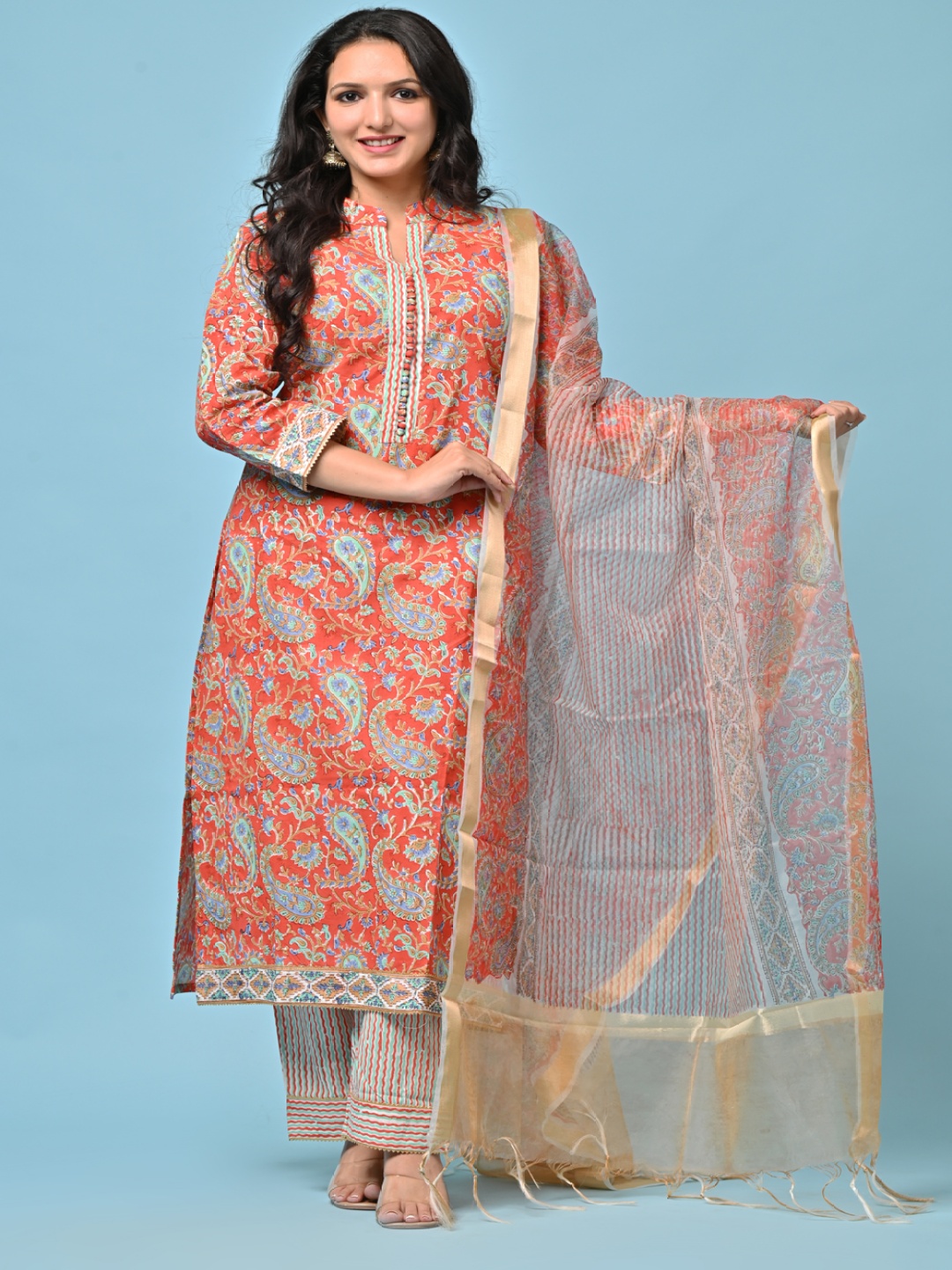 

Anootha Women Paisley Printed Regular Gotta Patti Pure Cotton Kurta with Palazzos & With Dupatta, Orange