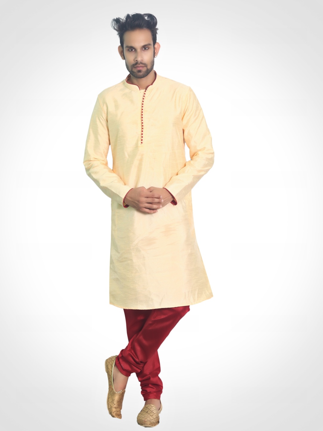 

House of Aqss Mandarin Collar Dupion Silk Straight Kurta With Pyjamas, Beige