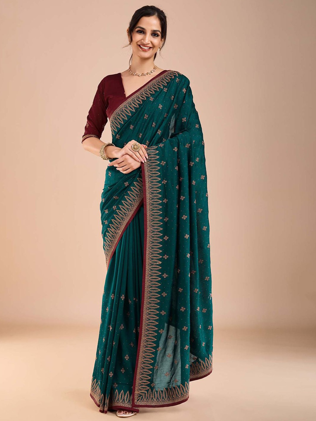 

Anouk Ethnic Motifs Beads and Stones Silk Blend Saree, Teal