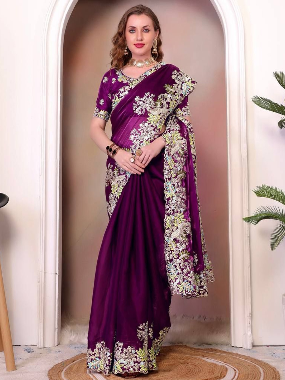 

Jinal & Jinal Embroidered Organza Saree, Purple