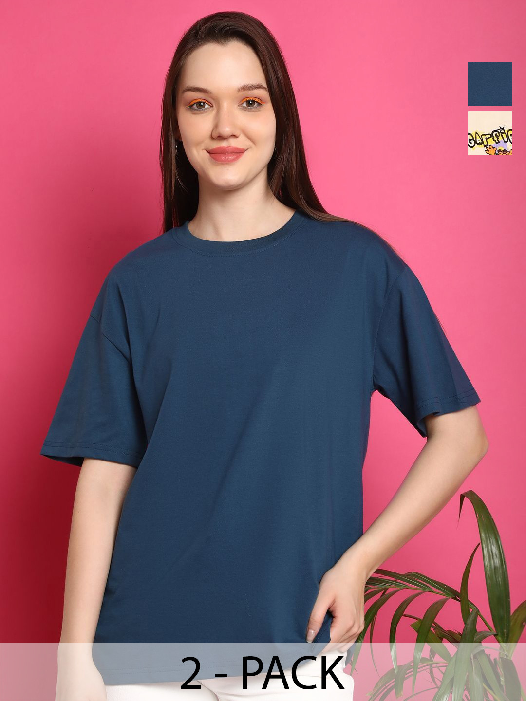 

Metronaut Women Pack Of 2 Garfiled Graphic Printed Round Neck Cotton Oversized T-shirts, Navy blue