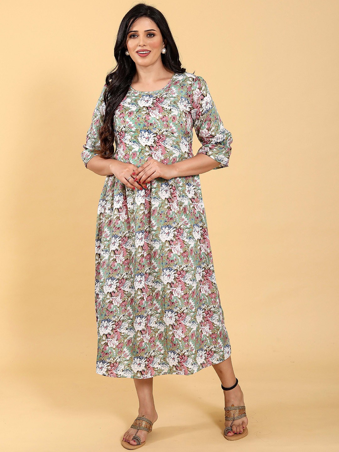 

RITIJYA Floral Printed Round Neck Maternity Fit And Flare Ethnic Dresses, Lime green