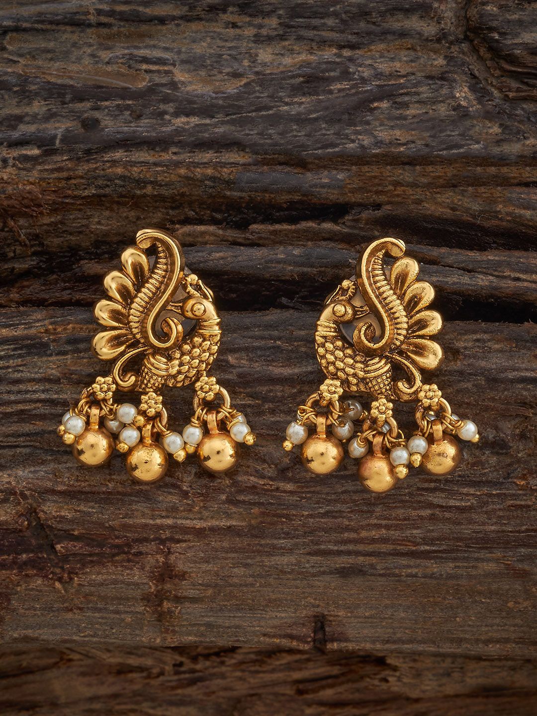 

Kushal's Fashion Jewellery Gold-Plated Beaded Peacock Shaped Antique Drop Earrings