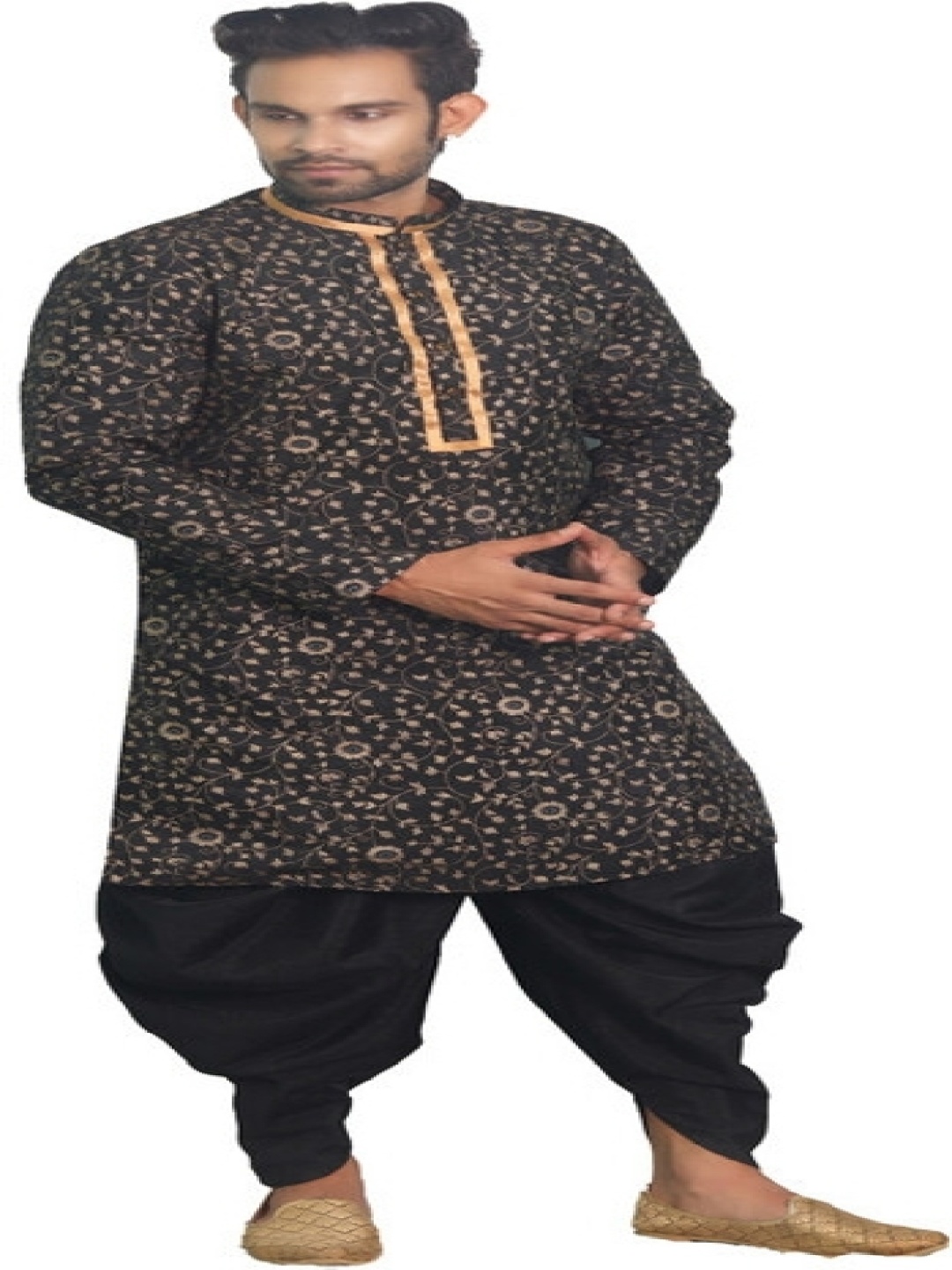 

House of Aqss Floral Printed Mandarin Collar Straight Kurta With Dhoti Pants, Black