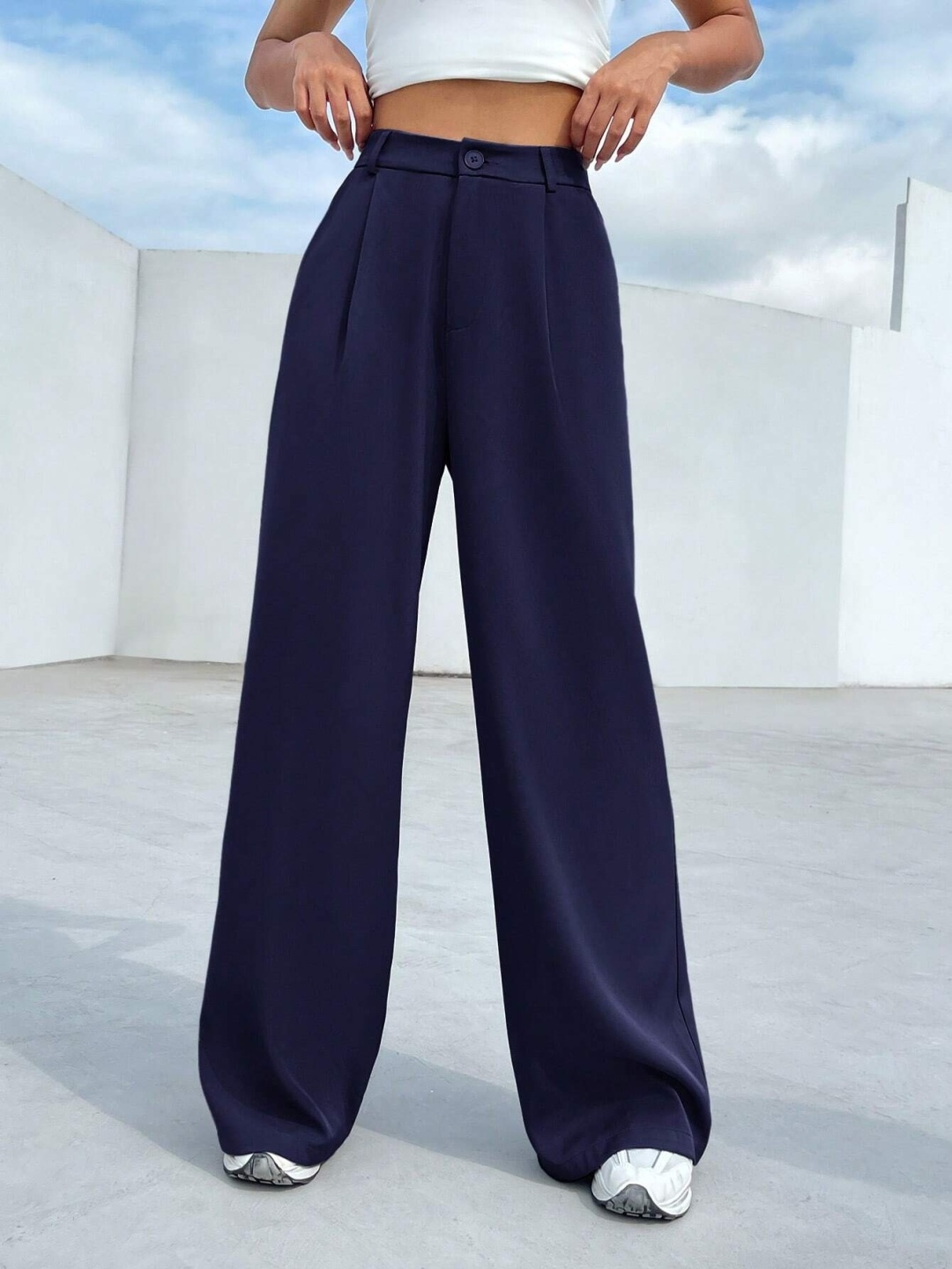 

FNOCKS Women Classic High-Rise Wide Leg Trousers, Navy blue