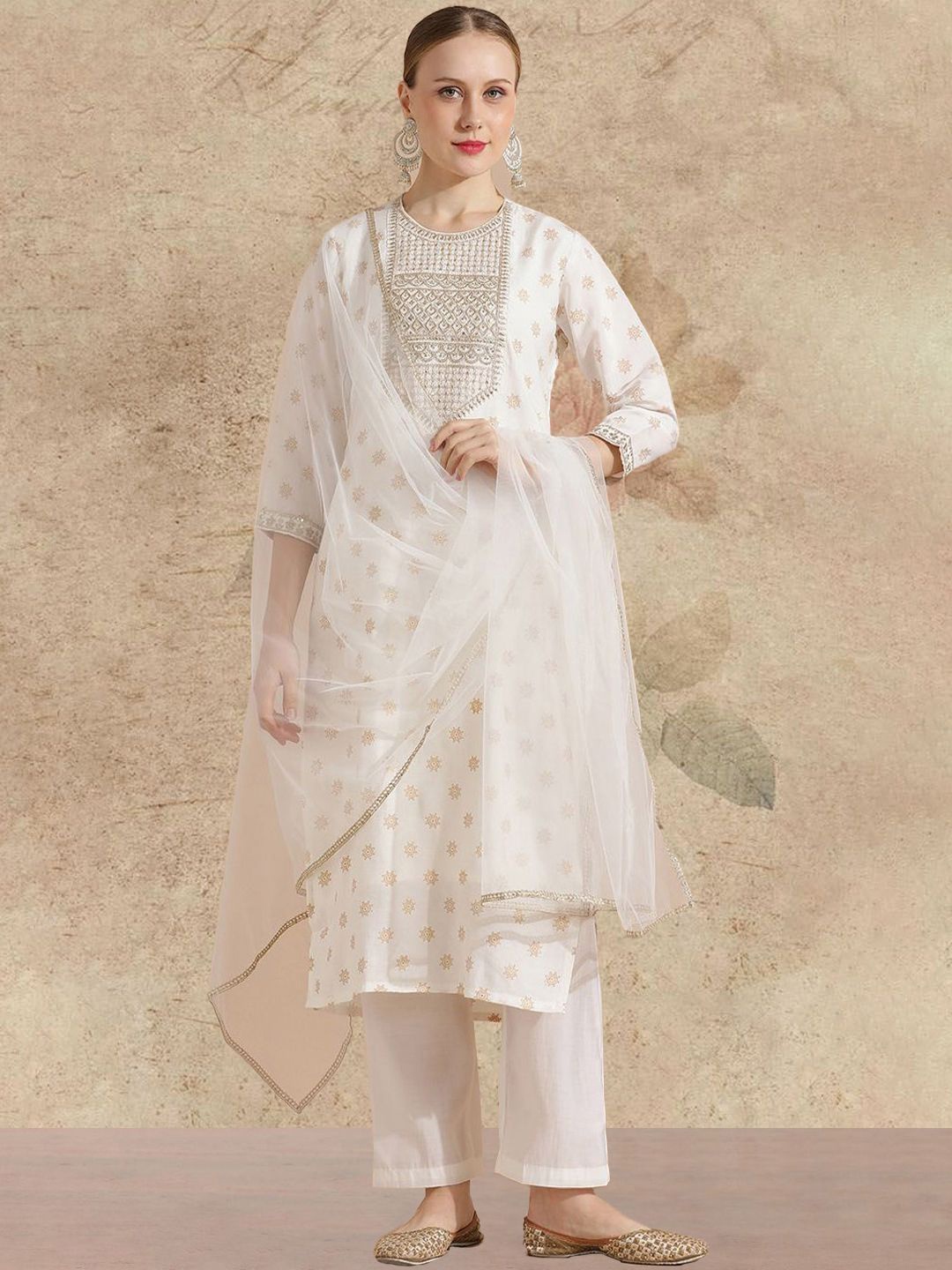 

AVANSHEE Women Embroidered Regular Sequinned Kurta with Trousers & With Dupatta, Off white