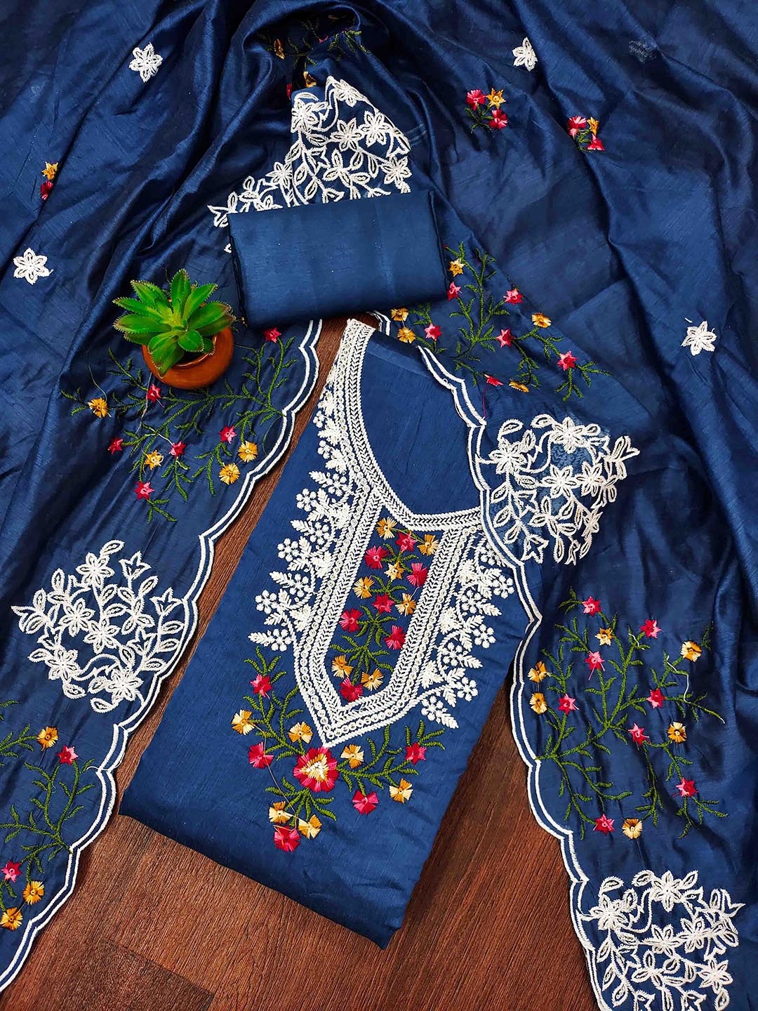 

KIMISHA Floral Embroidered Sequinned Chanderi Cotton Unstitched Dress Material, Navy blue