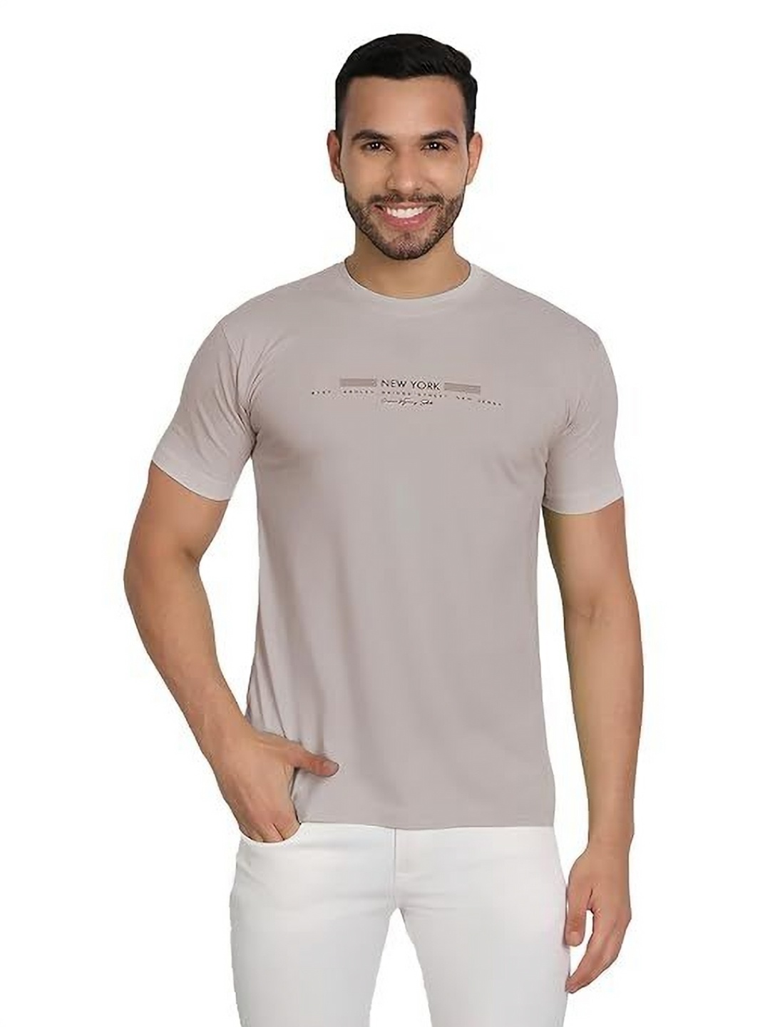 

BAESD Men Typography Printed Round Neck Cotton Slim Fit T-shirt, Beige