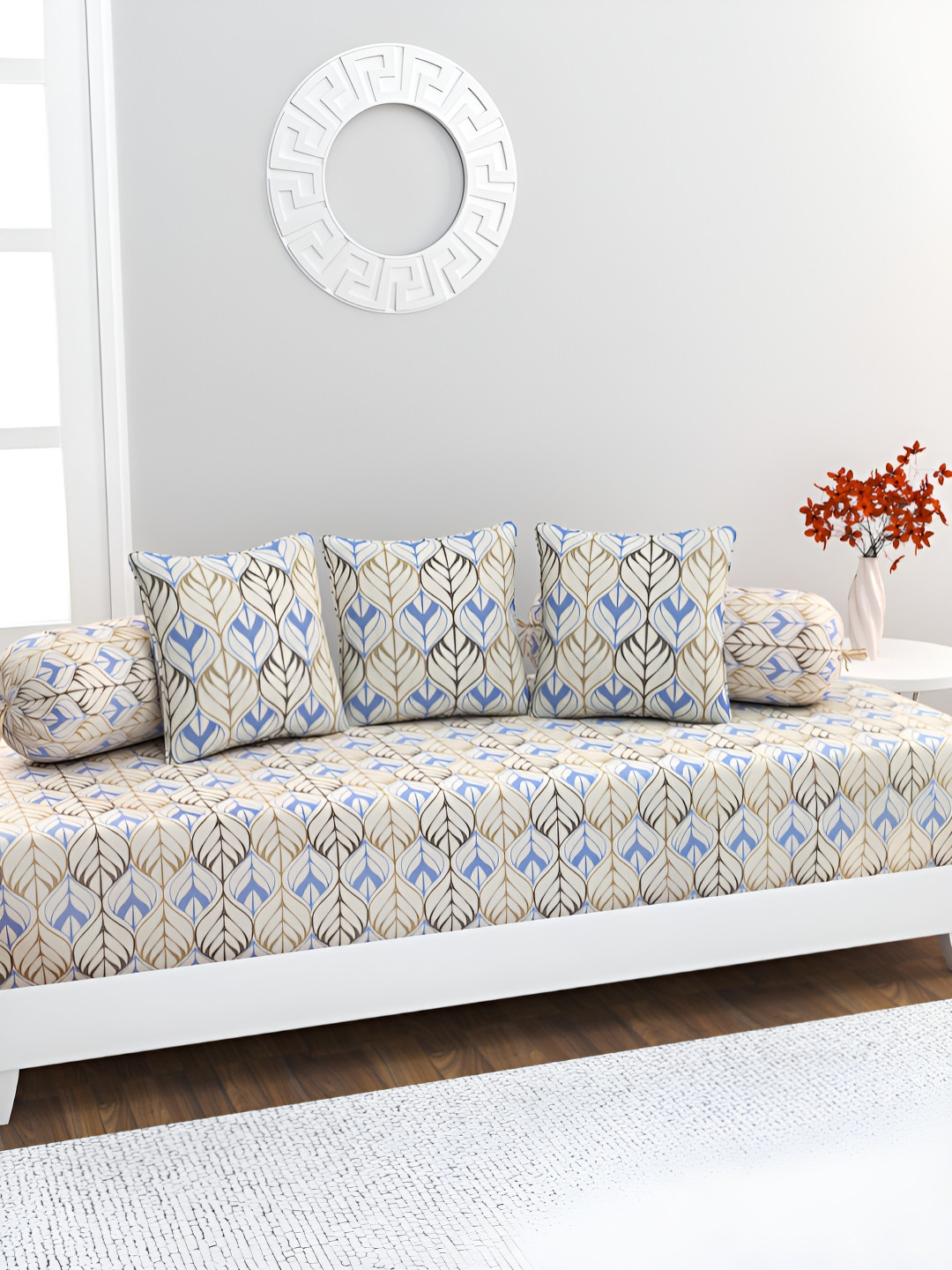 

HOME AFFAIRS Off White & Blue 6 Pieces Printed Cotton 160 TC Single Diwan Set