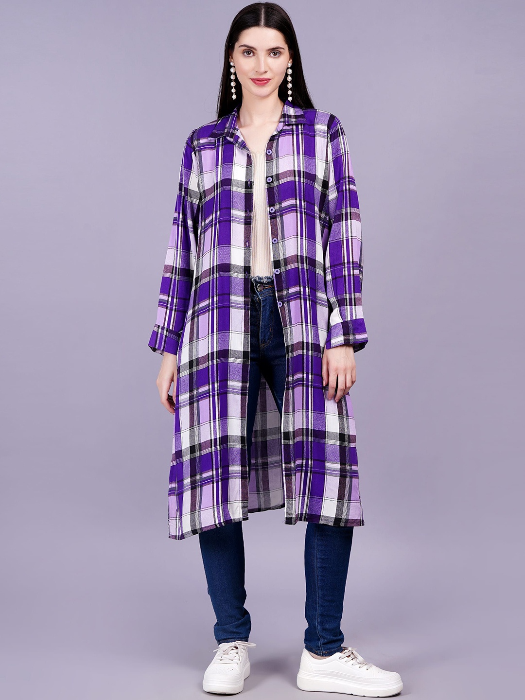 

SUFIZA LIFESTYLE Women Checked Longline Button Shrug, Purple