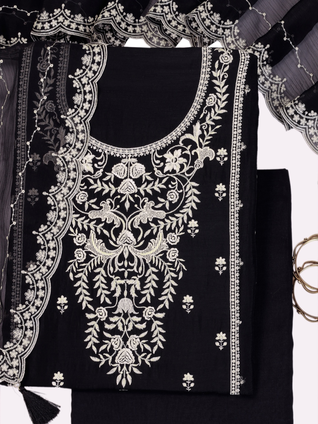 

KULEESH Floral Embroidered Silk Chiffon Unstitched Dress Material, Black