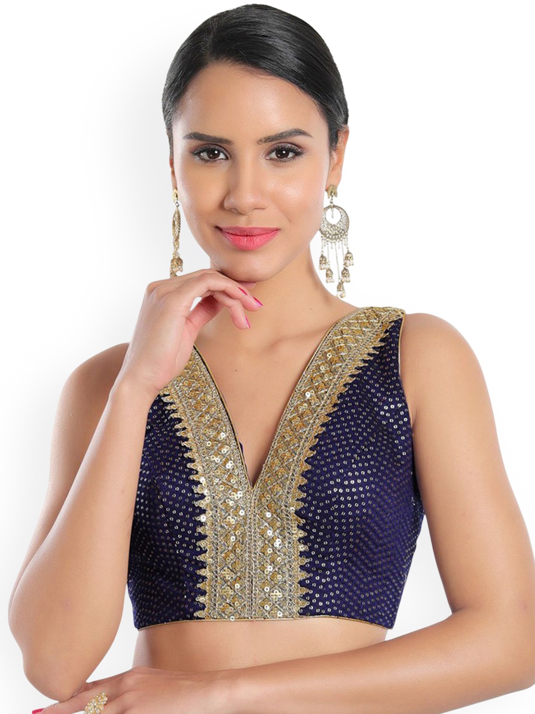 

Mmore Embroidered Padded Silk Sleeveless V neck Saree Blouse, Navy blue