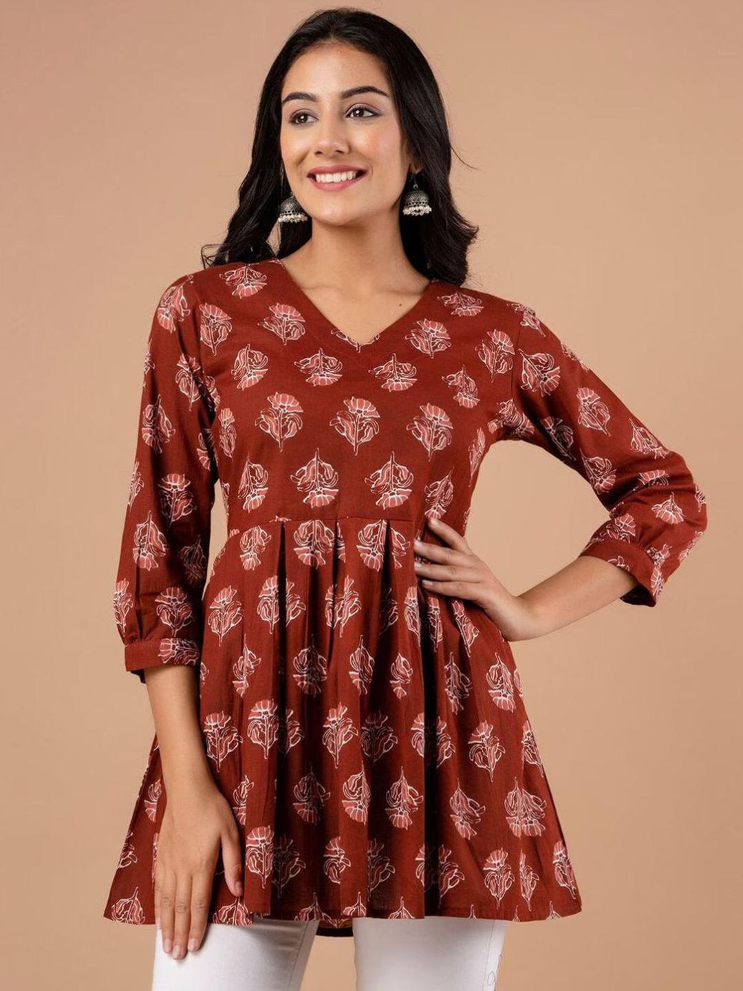 

Rangun Women Floral Printed Peplum Top, Rust