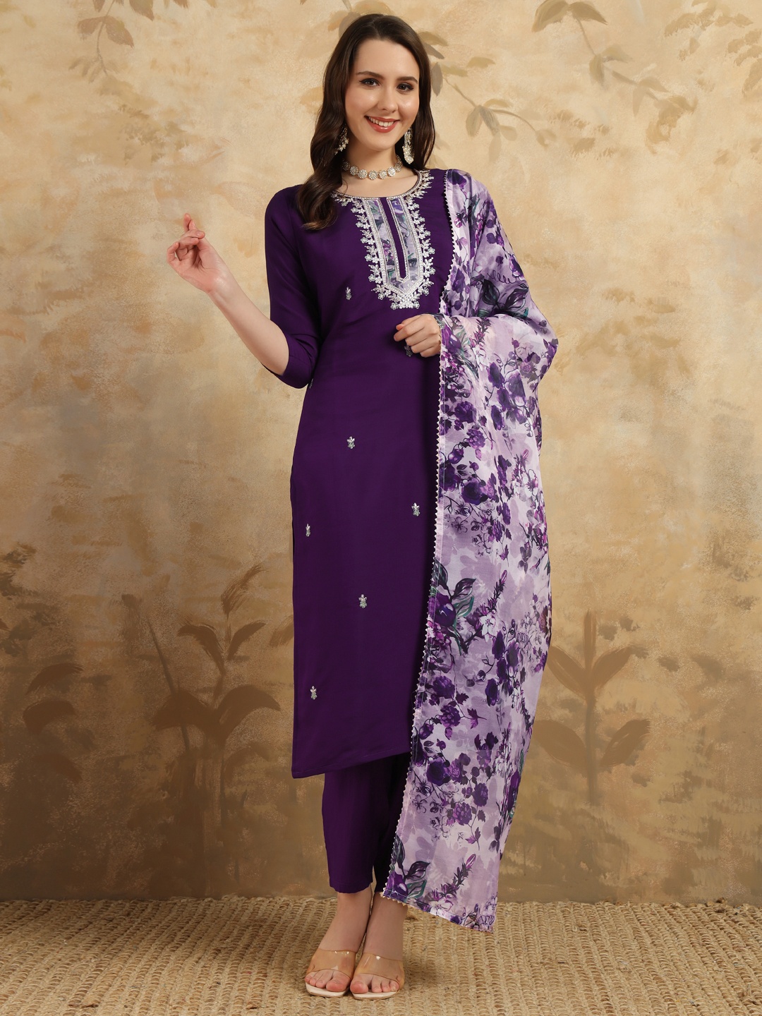 

RV CREATION Floral Embroidered Chanderi Silk Kurta With Trousers & Dupatta, Purple