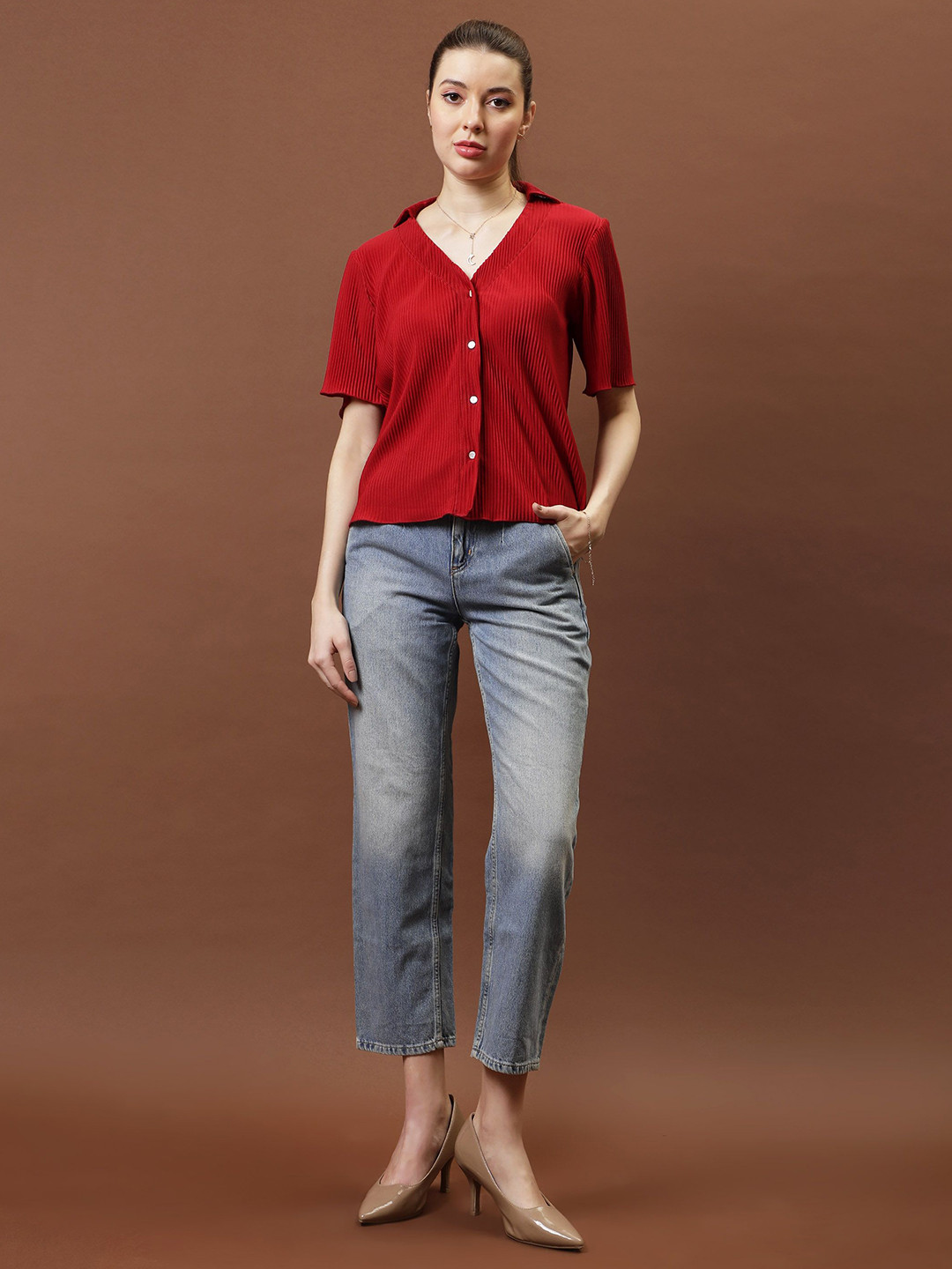 

Athena Immutable Women Relaxed Fit Mandarin Collar Solid Casual Shirt, Red