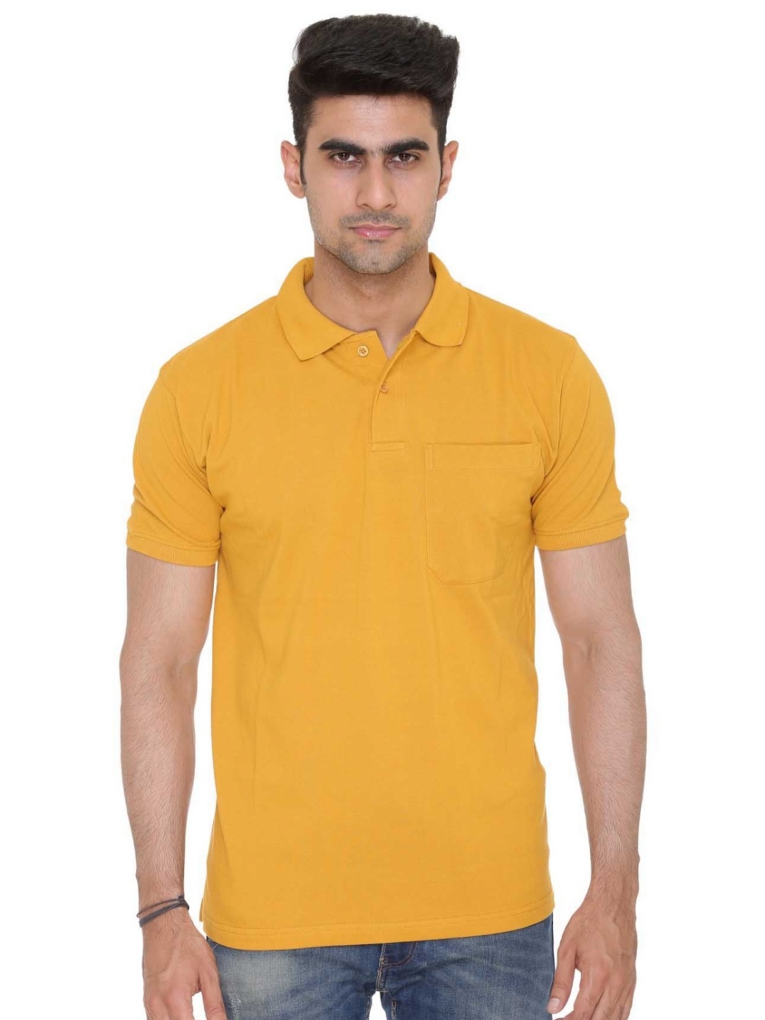 

Colors and Blends Men Solid Polo Collar Cotton T-shirt, Mustard