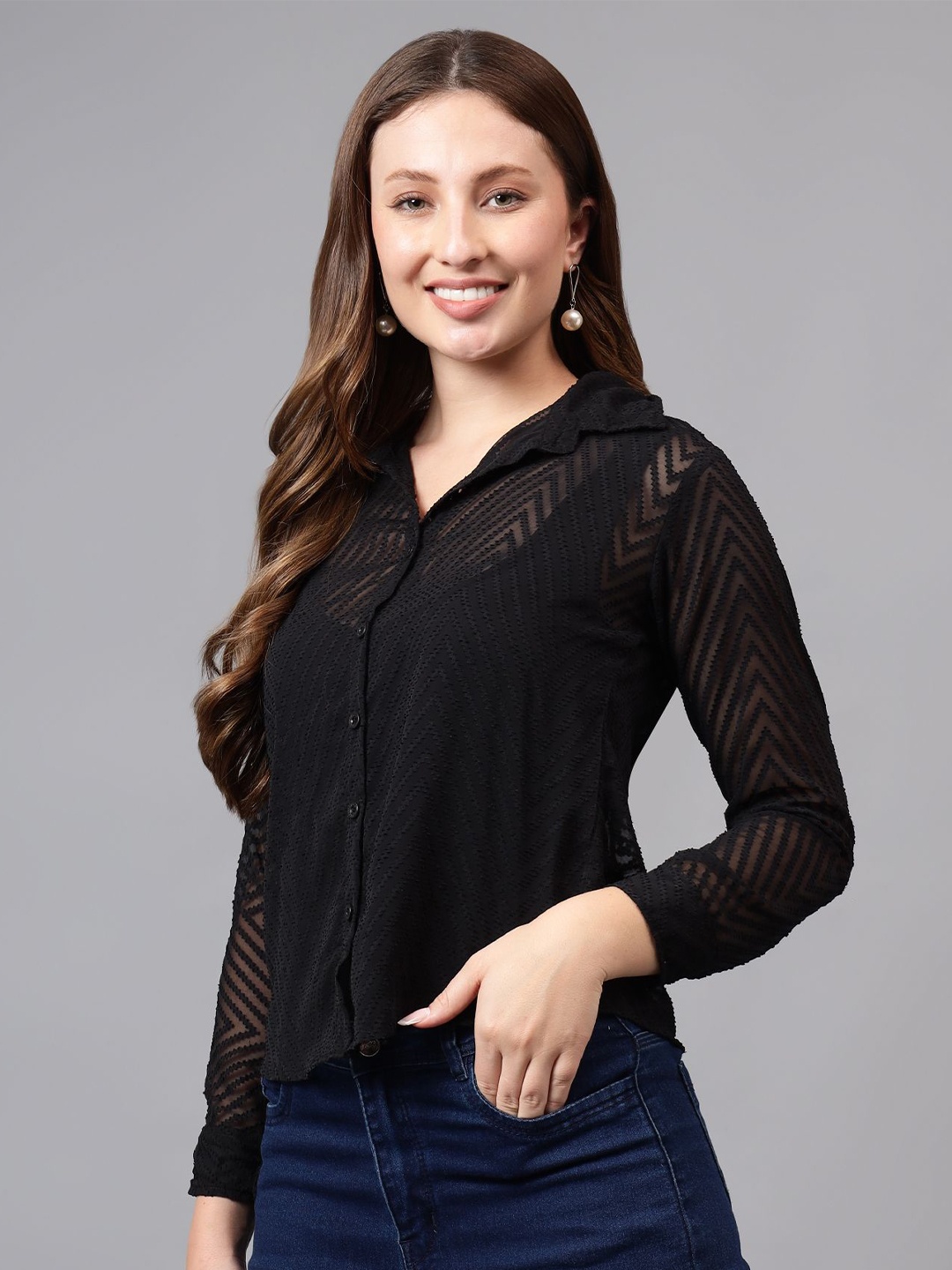 

BAESD Women Classic Fit Spread Collar Textured Georgette Casual Shirt, Black