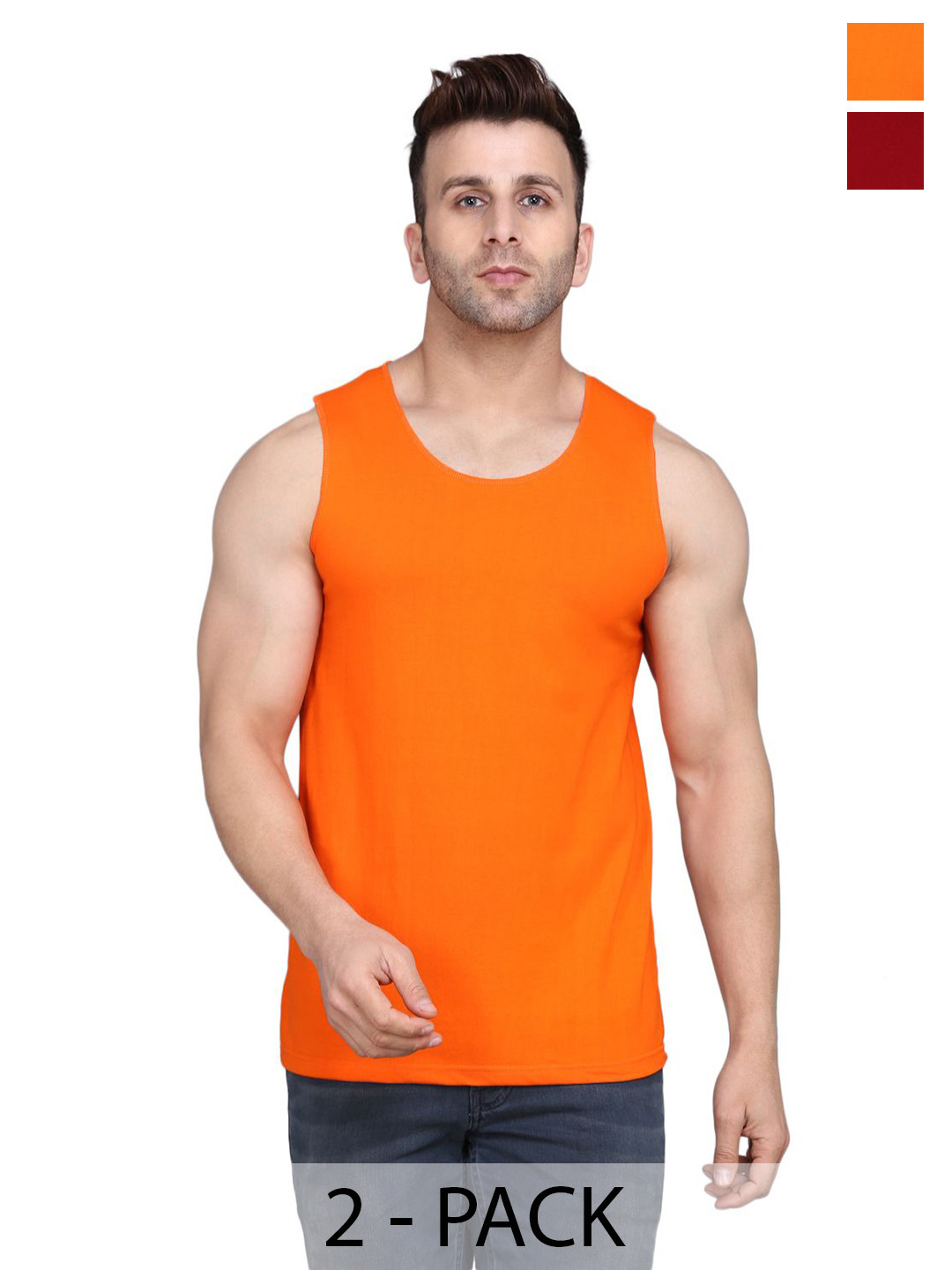

WOOSTRO Men Pack Of 2 Sleeveless Gym Innerwear Vests RS26 COMBO (ORANGE) (MAROON)