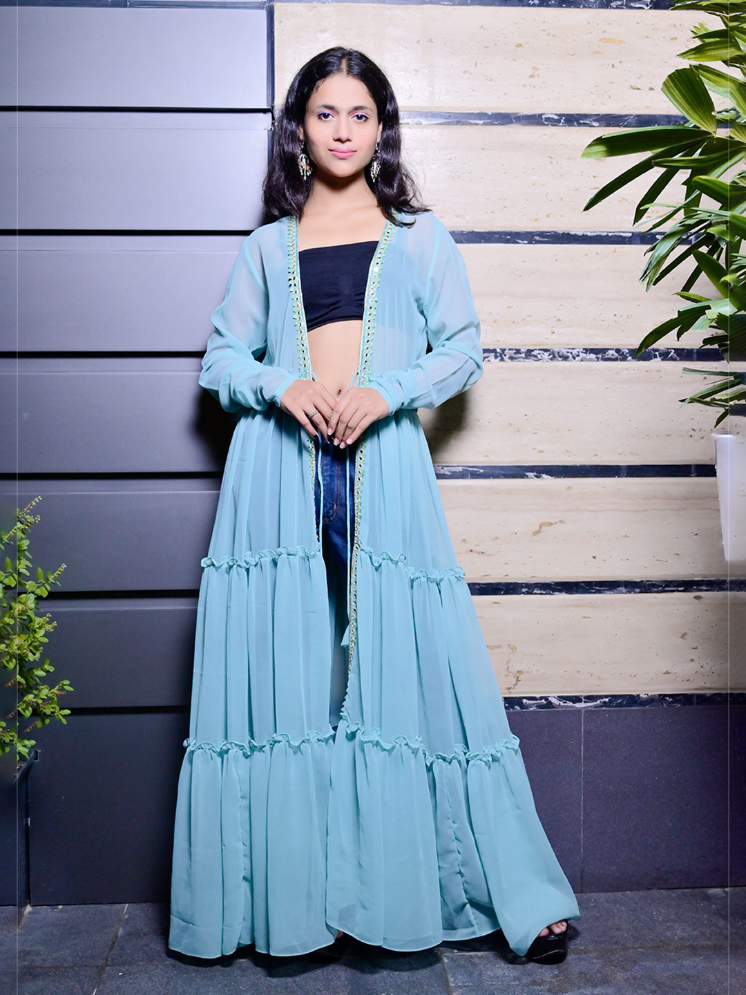

SUFIZA LIFESTYLE Embellished Georgette Longline Tie-Up Shrug, Blue