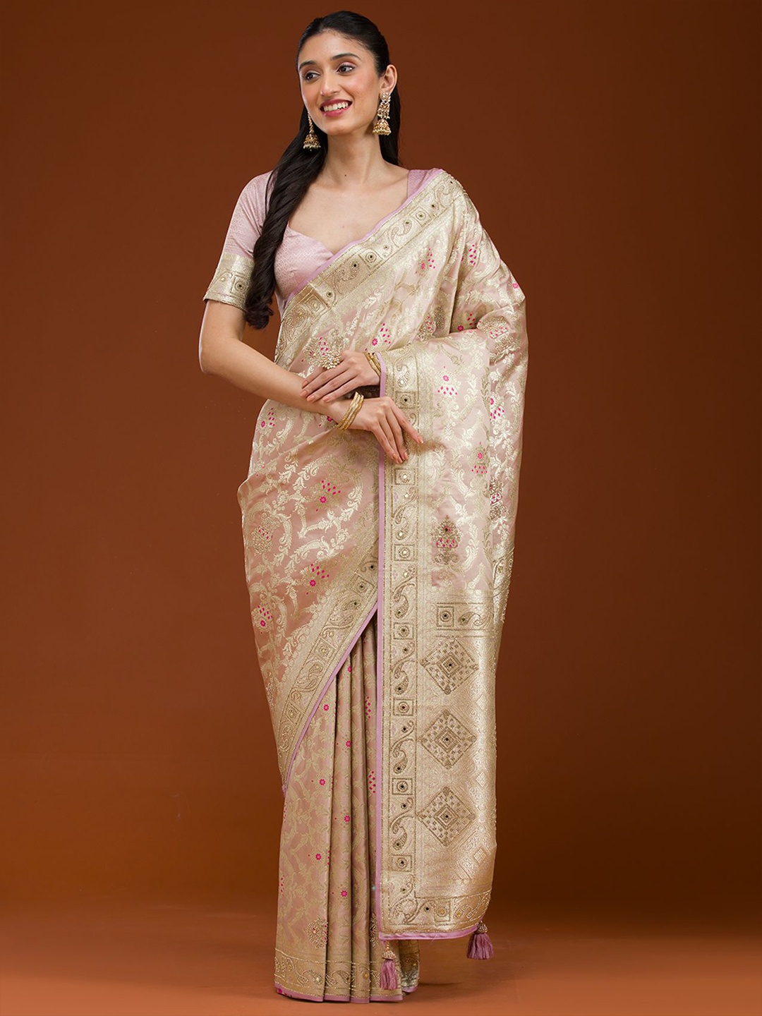 

Koskii Lavender Embellished Sequined Raw Silk Saree