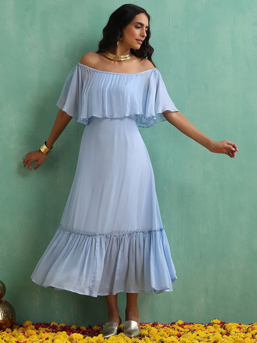 

indy Raaga Off-Shoulder Cape Sleeve Chiffon A-Line Maxi Dress, Blue