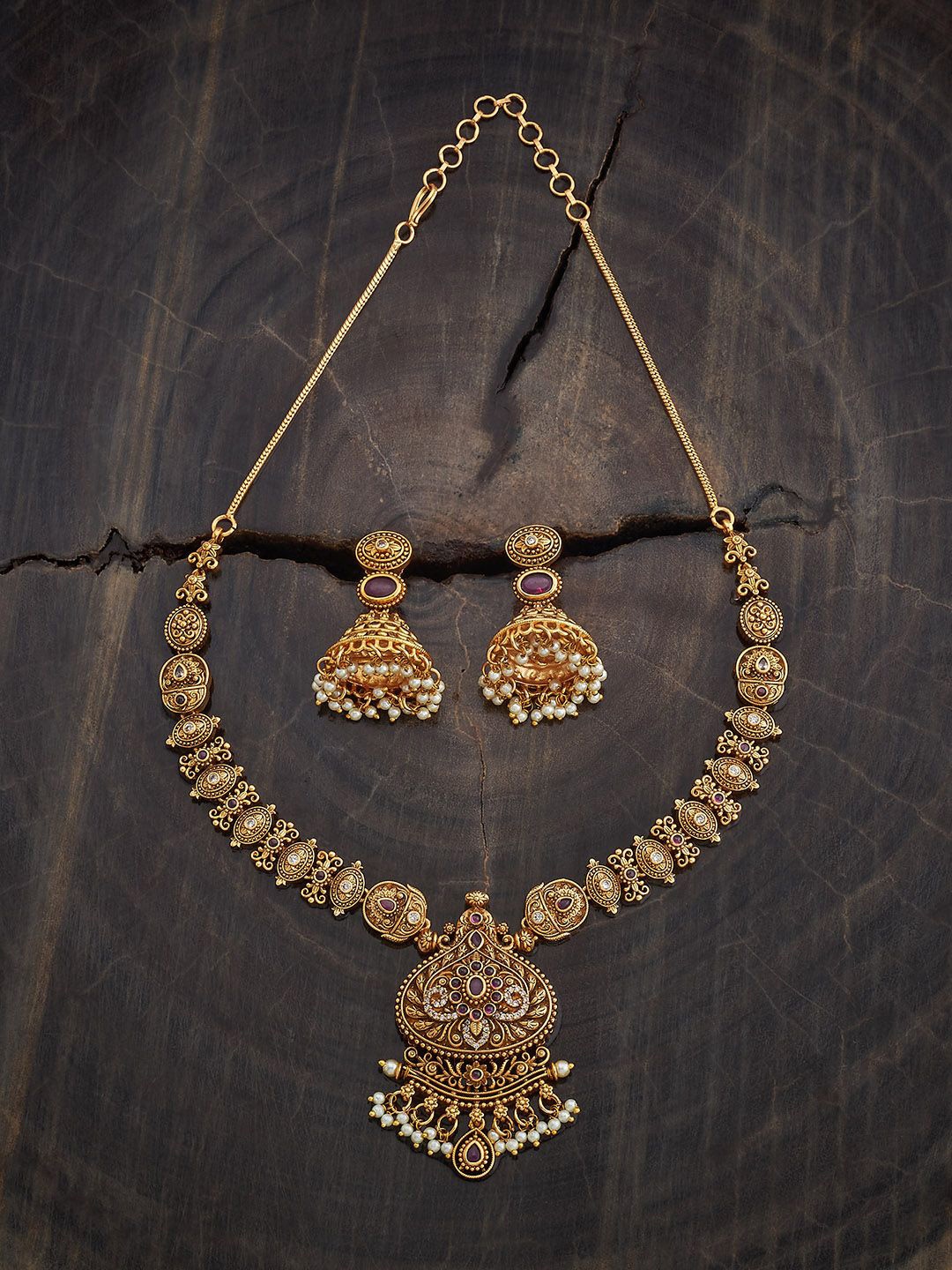 

Kushal's Fashion Jewellery Gold-Plated Ruby Stone-Studded Antique Jewellery Set