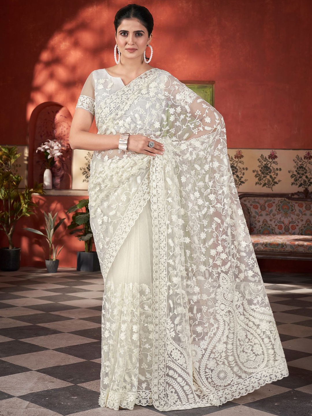 

Anouk Floral Embroidered Net Saree, Off white