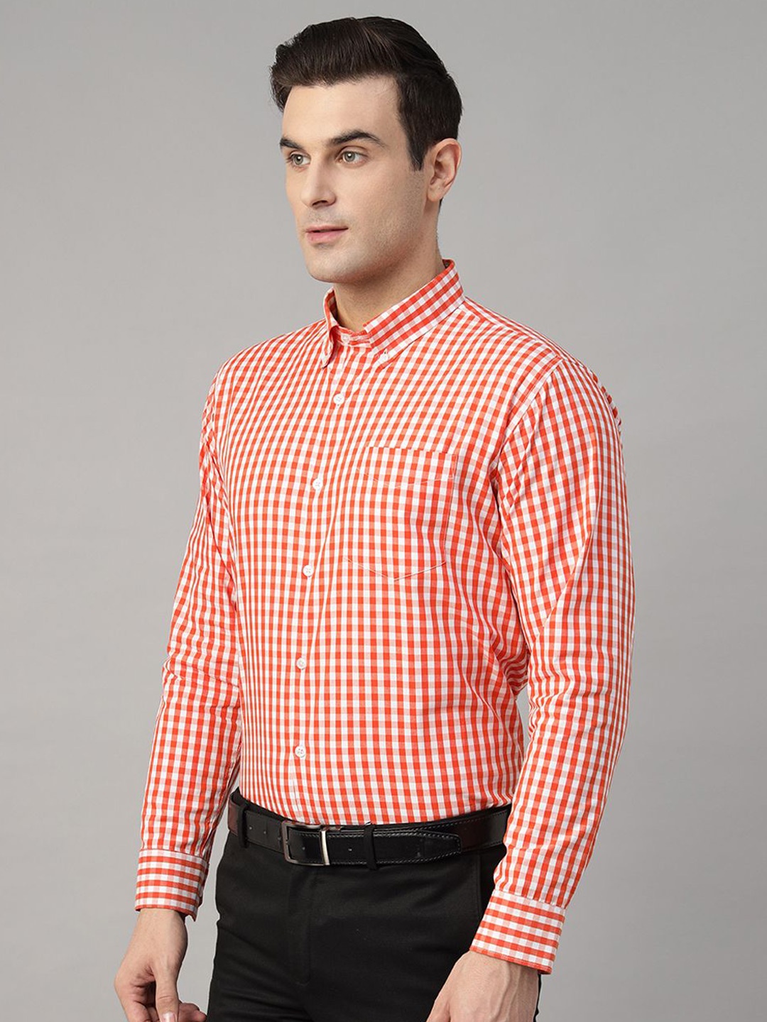

Hancock Men New Slim Fit Button-Down Collar Gingham Checked Cotton Formal Shirt, Orange