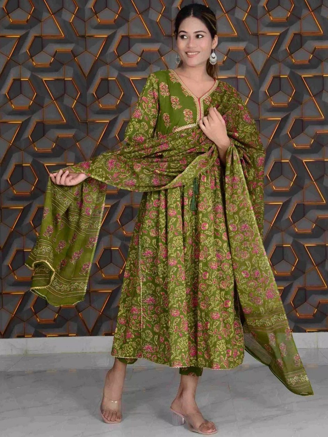 

KALINI Floral Printed Empire V-Neck Pure Cotton Anarkali Kurta With Trouser And Dupatta, Green