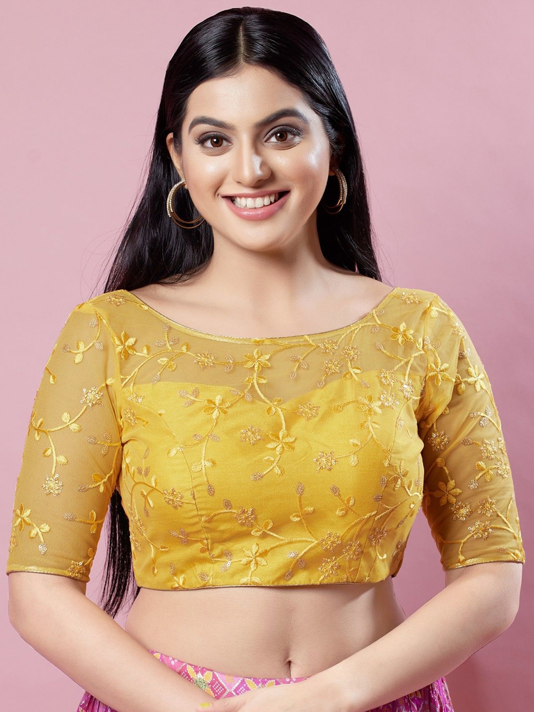 

Mmore Embroidered Saree Blouse With Round Neck, Yellow