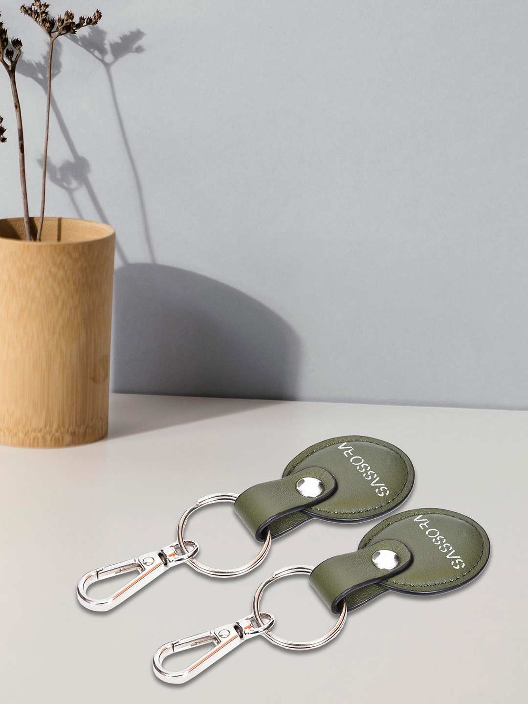 

Sassora Set Of 2 Printed Oval Shape Genuine Leather Key Chains, Green