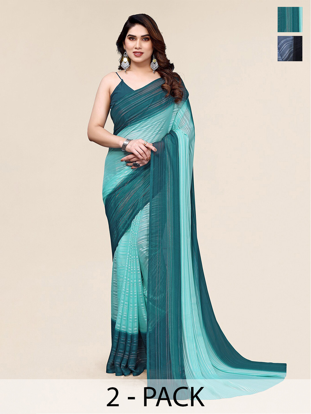 

Moda Rapido Pack Of 2 Striped Satin Saree, Teal