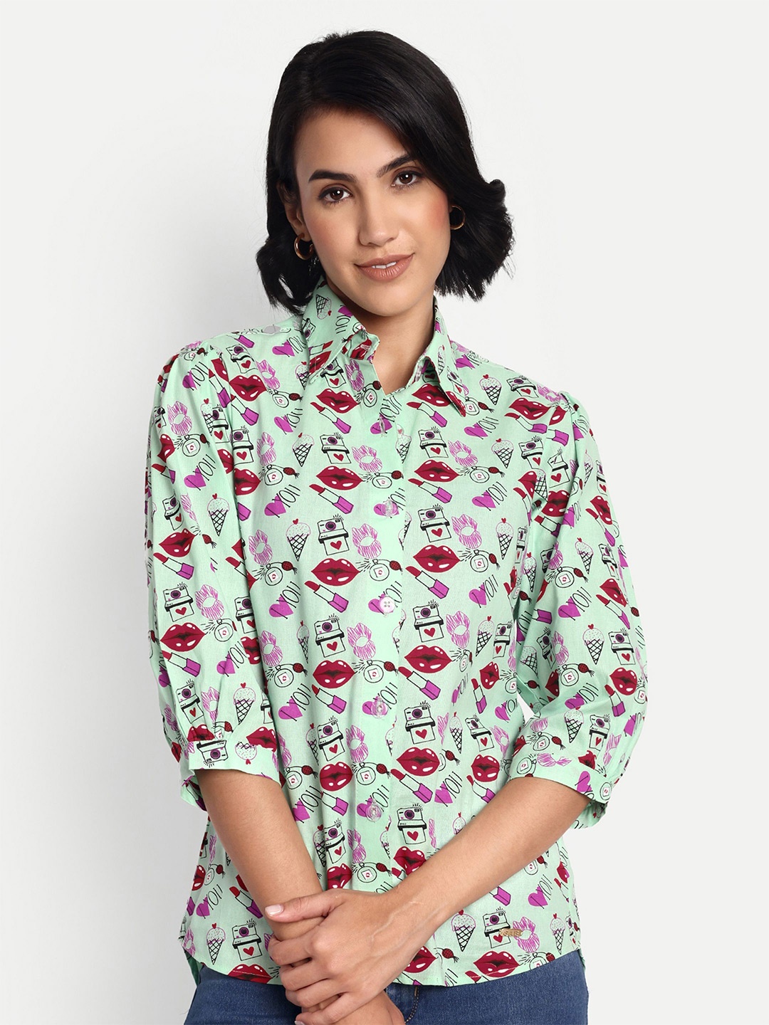 

GAB Women Spread Collar Conversational Printed Cotton Casual Shirt, Green